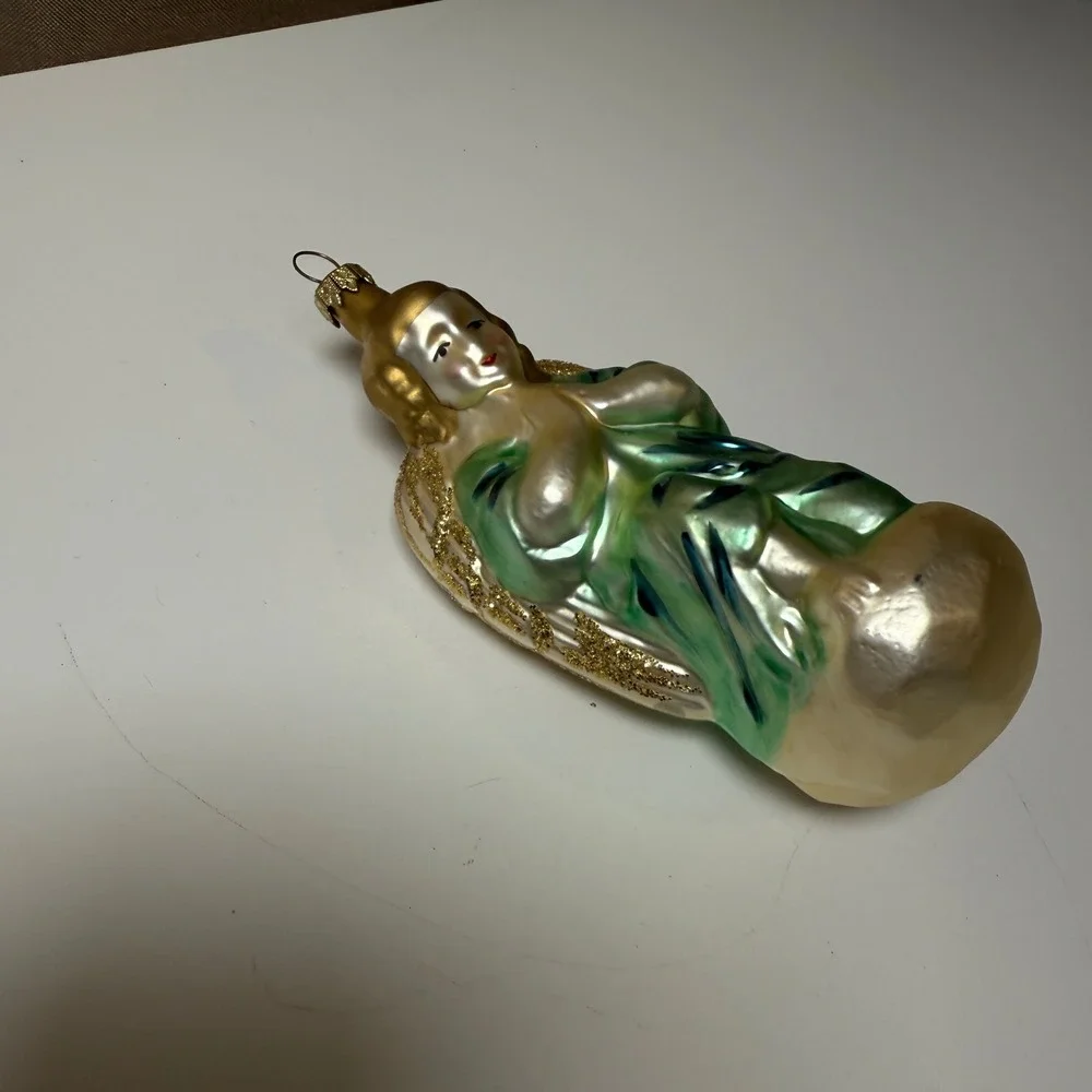 Praying Angel Glass Christmas Ornament Gold Green‎ Glitter Wings Vintage Style